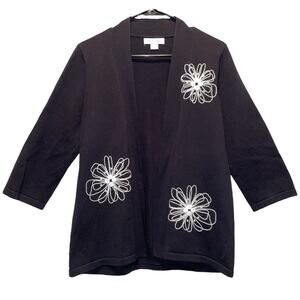 Christopher & Banks Black Open Cardigan w/Stitched White Flowers Medium